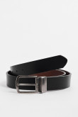 Cinturón masculino negro sintético doble faz con hebilla metálica.