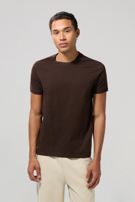 Camiseta unicolor cuello redondo ajustada en algodón