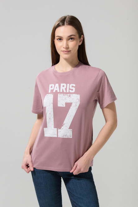 Camiseta rosada oscura college con cuello redondo