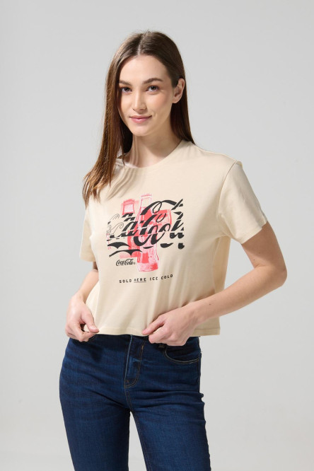 Camiseta crop top kaki clara con estampado de Coca-Cola