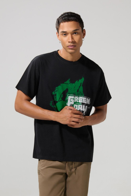 Camiseta cuello redondo negra con arte de Green Day
