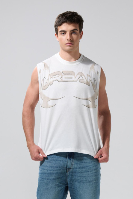 Camiseta oversize manga sisa crema con estampado