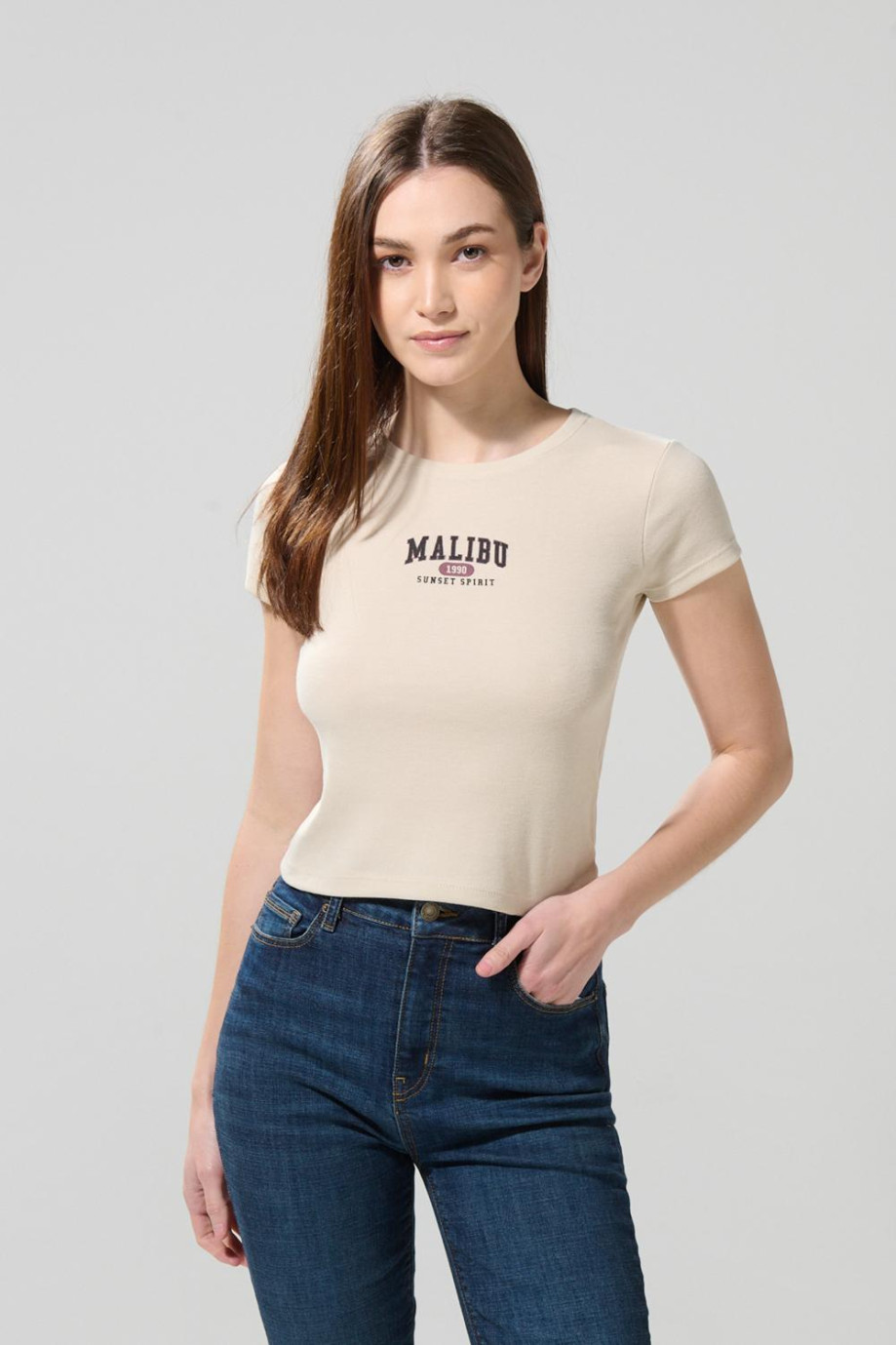 Camiseta kaki acanalada manga corta con diseño college