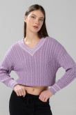 Suéter cuello V tejido morado claro con trenzas