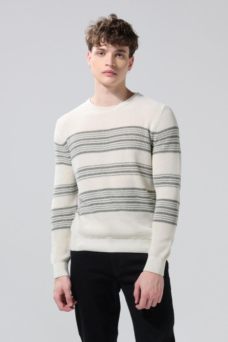 Suéter crema claro con cuello redondo y rayas