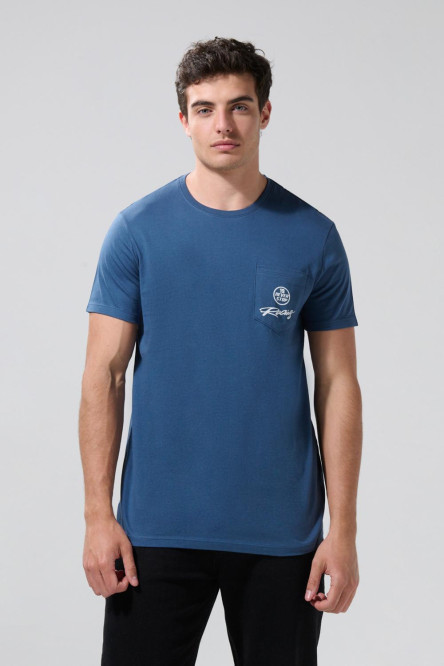 Camiseta azul oscura college con bolsillo y manga corta