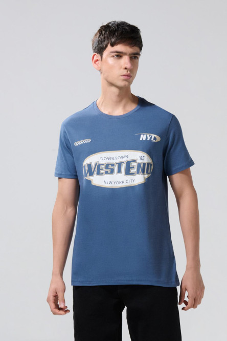 Camiseta cuello redondo azul oscura con estampado college