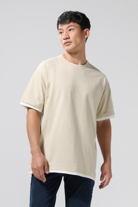 Camiseta oversize cuello redondo unicolor con contrastes