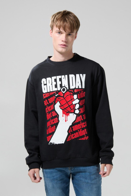 Buzo cuello redondo negro con arte de Green Day