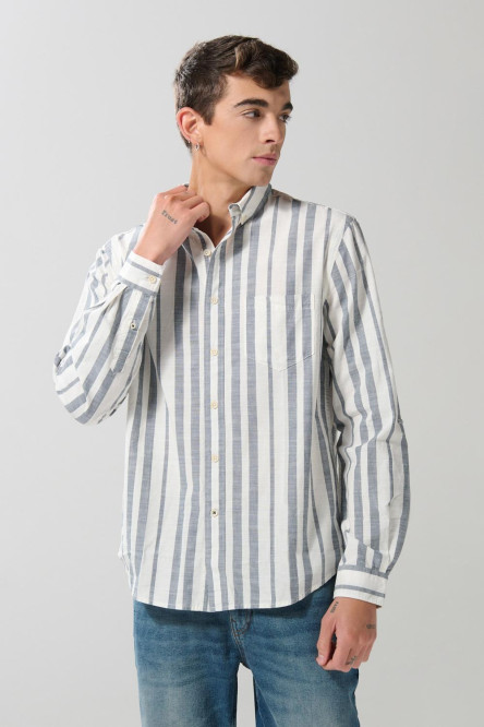 Camisa a rayas unicolor con cuello button down y manga larga