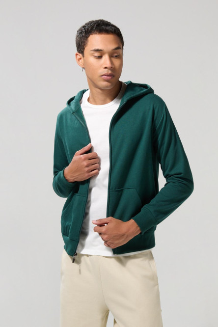 Buzo unicolor con cremallera en frente, bolsillo y capota