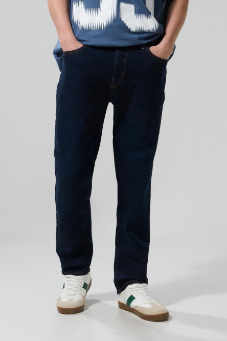 Jean azul oscuro straight leg bota recta con tiro bajo