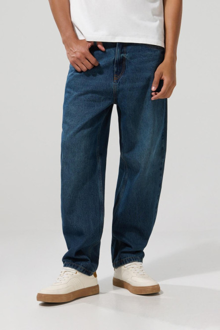 Jean azul oscuro baggy con bota ancha y cremallera