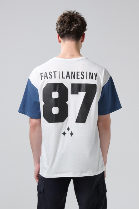 Camiseta cuello V college crema con corte azul