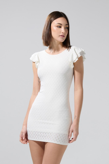 Vestido medio unicolor con texturas y manga corta