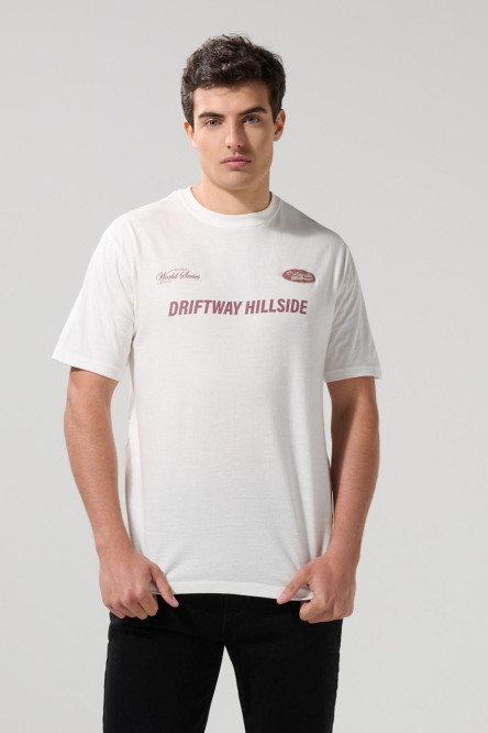 Camiseta cuello redondo college crema clara en algodón