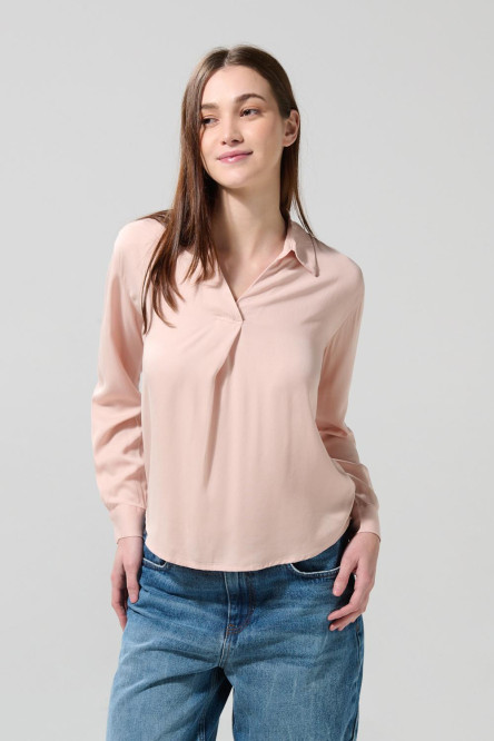 Blusa manga larga unicolor con escote en V y charreteras