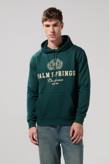 Buzo verde oscuro college con bolsillo y capota