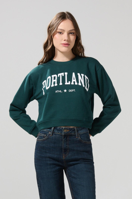 Buzo verde oscuro cuello redondo con estampado college