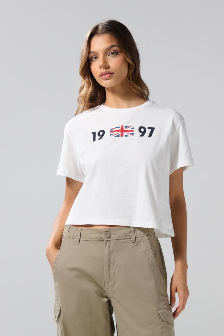 Camiseta crop top crema clara con estampado college