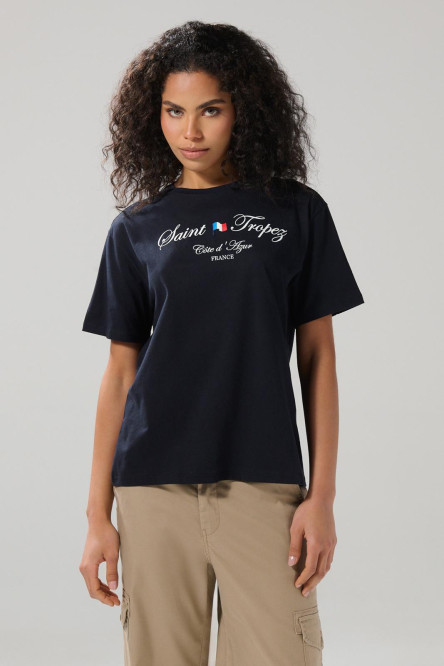 Camiseta cuello redondo azul intensa con arte college