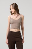 Camiseta crop top unicolor con mini filete y manga sisa