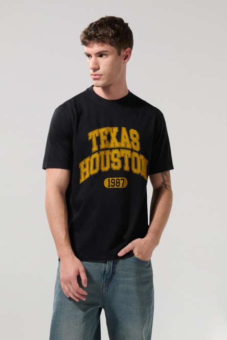 Camiseta en algodón negra college cuello redondo
