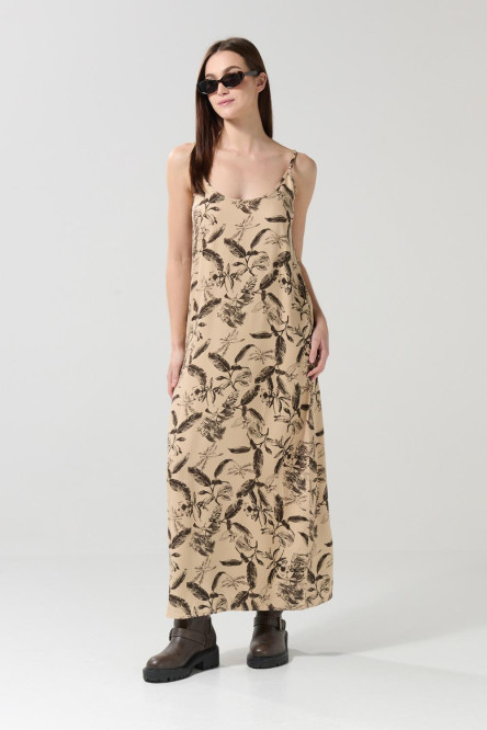 Vestido largo unicolor manga sisa estampado con bolsillos