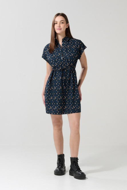 Vestido azul oscuro corto estampado con hombro rodado