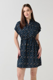 Vestido azul oscuro corto estampado con hombro rodado