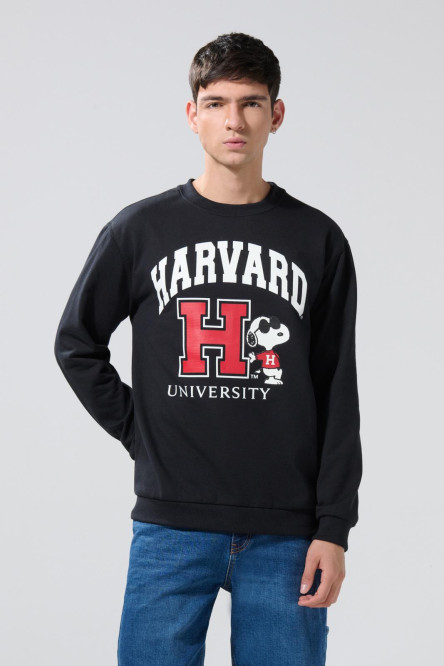 Buzo negro cuello redondo con arte de Snoopy & Harvard