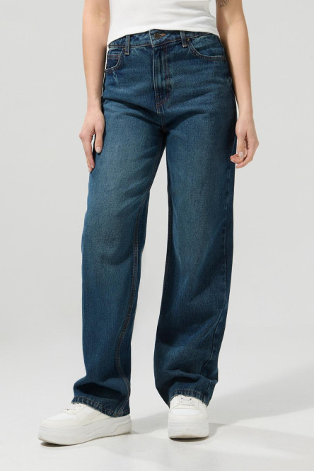Jean 90´S azul oscuro bota recta con bolsillos y tiro alto