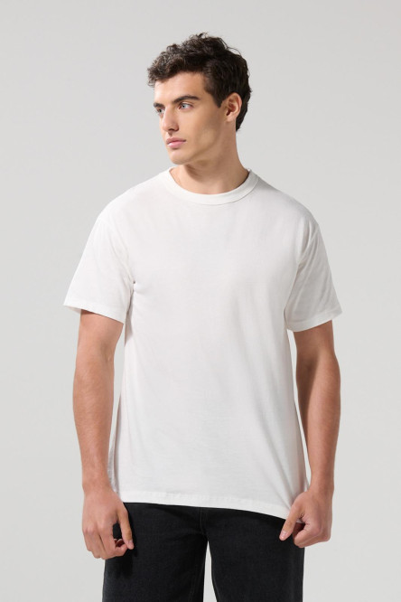 Camiseta manga corta unicolor con hombro rodado en algodón