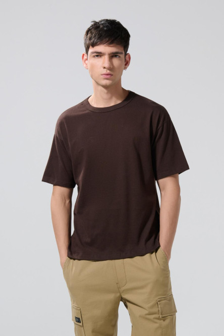 Camiseta manga corta unicolor con hombro rodado en algodón