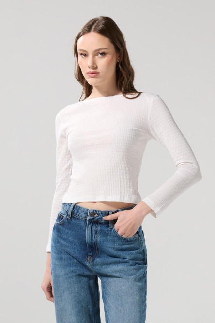 Camiseta unicolor manga larga con escote en espalda
