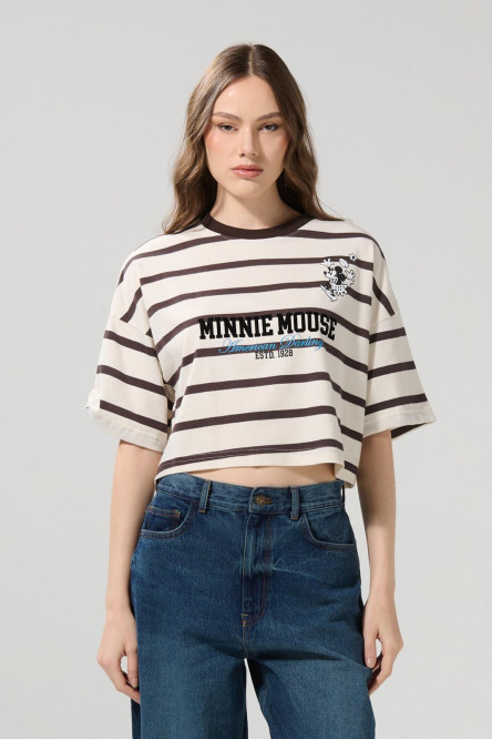Camiseta crop top oversize crema con diseño de Minnie