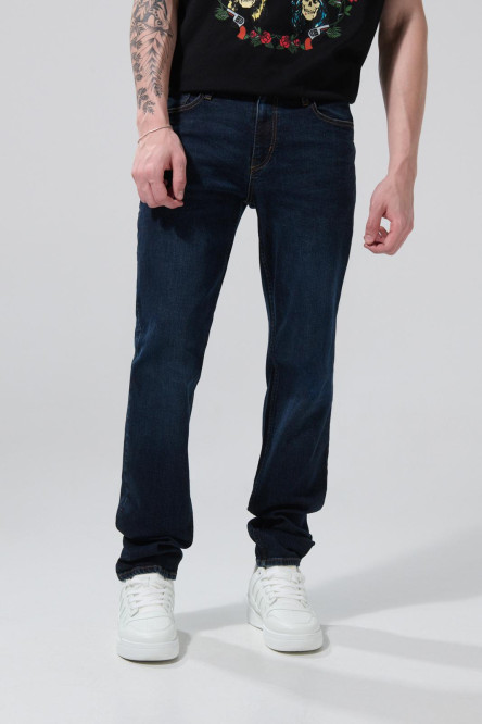 Jean tiro bajo azul oscuro slim con cremallera y bolsillos