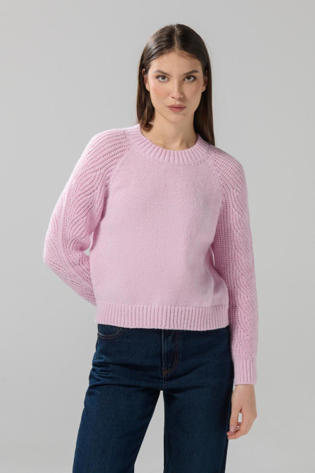 Suéter unicolor con manga ranglan y cuello redondo