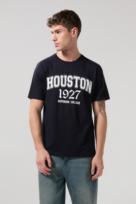 Camiseta azul intensa con motivo college y cuello redondo