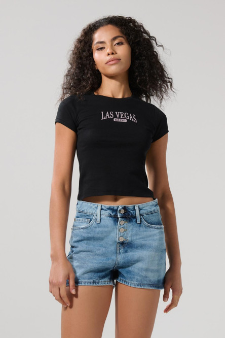 Camiseta college negra acanalada con cuello redondo