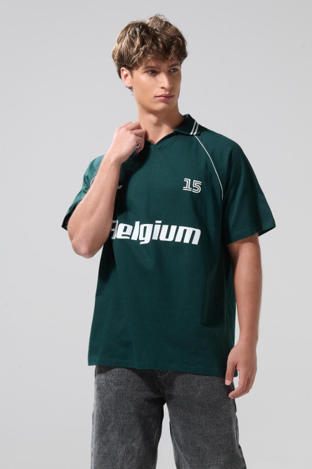 Camiseta oversize college verde oscura con cuello polo