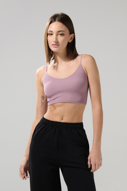Camiseta unicolor crop top con escote V y manga sisa