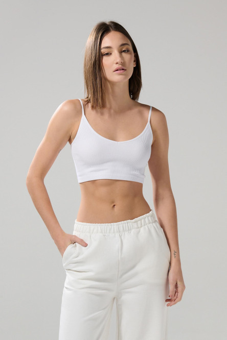 Camiseta unicolor crop top con escote V y manga sisa