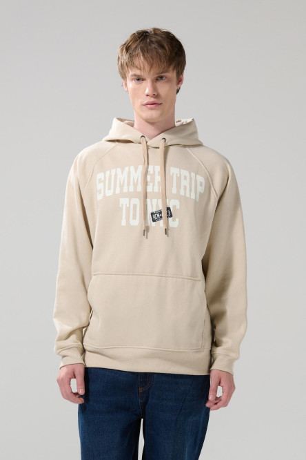 Buzo manga ranglan kaki con capota y diseño college