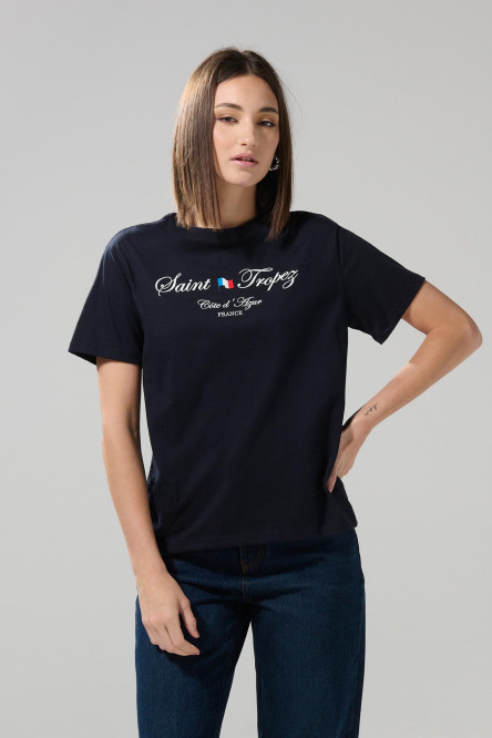 Camiseta college en algodón azul con manga corta