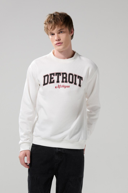 Buzo cuello redondo college crema con manga larga