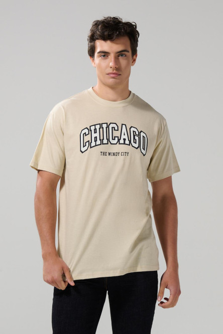 Camiseta manga corta kaki con texto college en frente