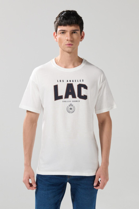 Camiseta en algodón college crema con cuello redondo