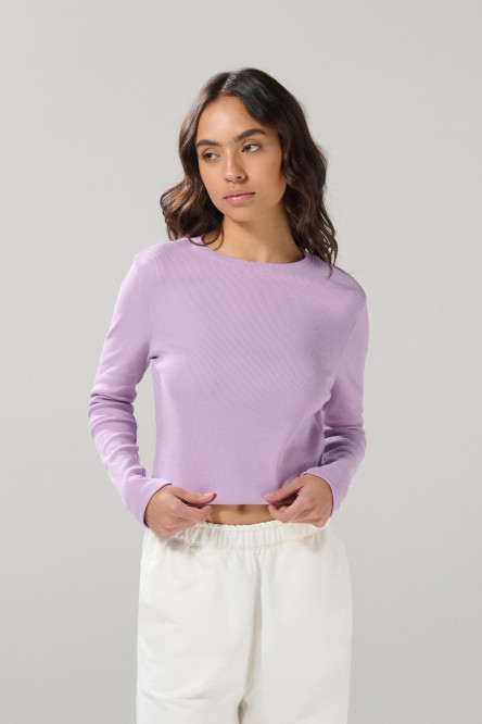 Camiseta acanalada manga larga unicolor con cuello redondo
