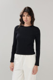 Camiseta acanalada manga larga unicolor con cuello redondo